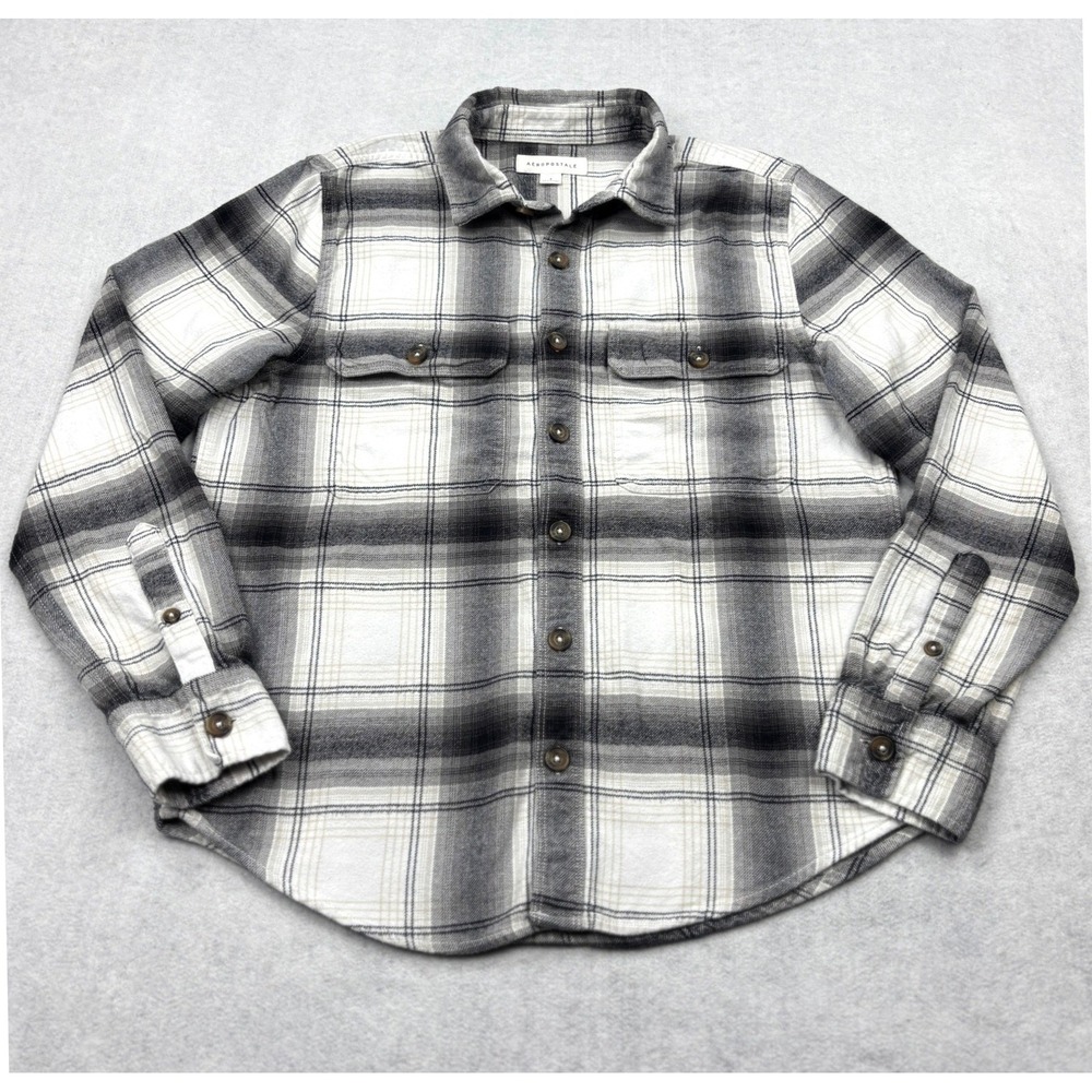 Aeropostale Flannel Shirt Mens Small White Black Plaid Long Sleeve Button Up S